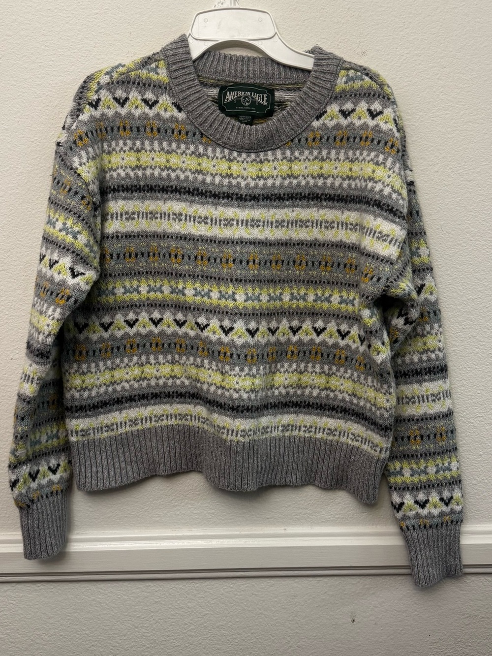 American Eagle Fair Isle Snowdrift Sweater Grey Lime Green Nordic Cropped Knit
